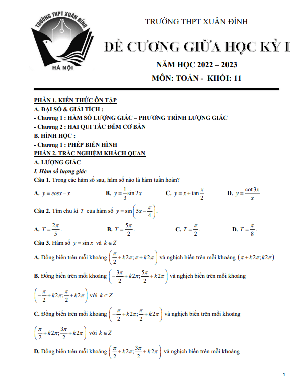 đề cương giữa kỳ 1 toán 11 năm 2022 – 2023 trường thpt xuân đỉnh – hà nội