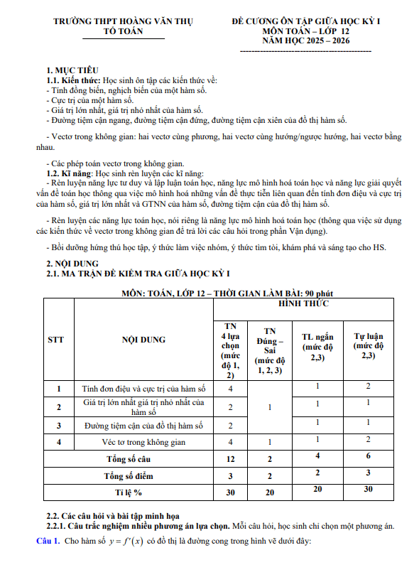 đề cương giữa kỳ 1 toán 12 năm 2025 – 2026 trường thpt hoàng văn thụ – hà nội