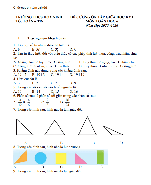 đề cương giữa kỳ 1 toán 6 năm 2025 – 2026 trường thcs hòa ninh – lâm đồng
