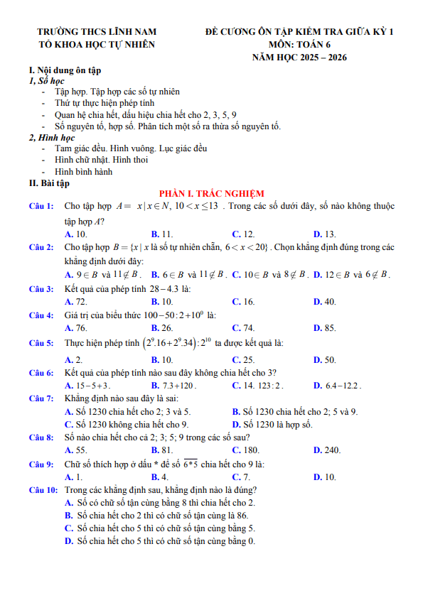đề cương giữa kỳ 1 toán 6 năm 2025 – 2026 trường thcs lĩnh nam – hà nội