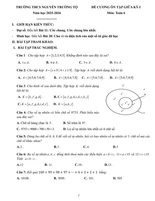 đề cương giữa kỳ 1 toán 6 năm 2025 – 2026 trường thcs nguyễn trường tộ – hà nội