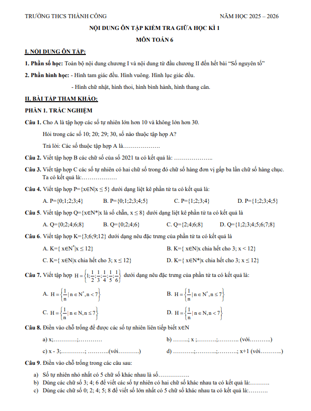 đề cương giữa kỳ 1 toán 6 năm 2025 – 2026 trường thcs thành công – hà nội
