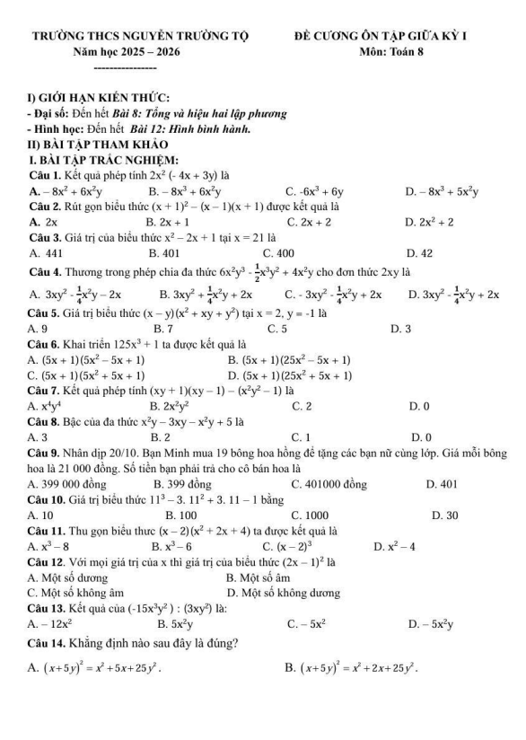 đề cương giữa kỳ 1 toán 8 năm 2025 – 2026 trường thcs nguyễn trường tộ – hà nội
