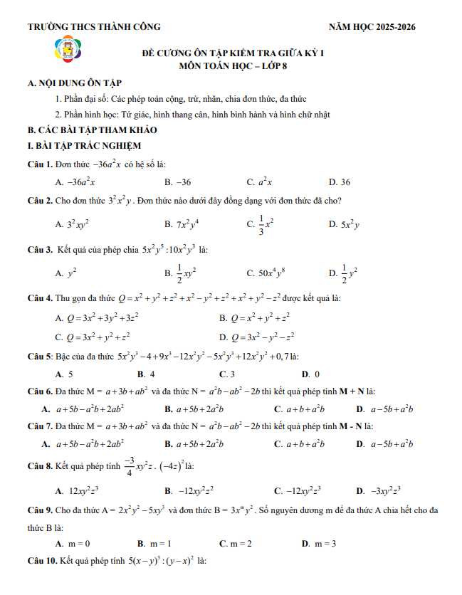 đề cương giữa kỳ 1 toán 8 năm 2025 – 2026 trường thcs thành công – hà nội