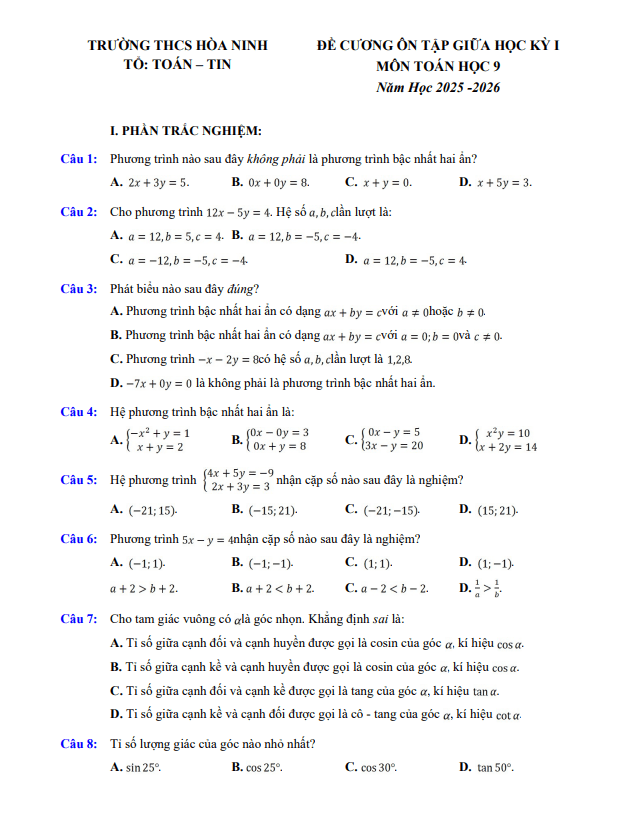 đề cương giữa kỳ 1 toán 9 năm 2025 – 2026 trường thcs hòa ninh – lâm đồng