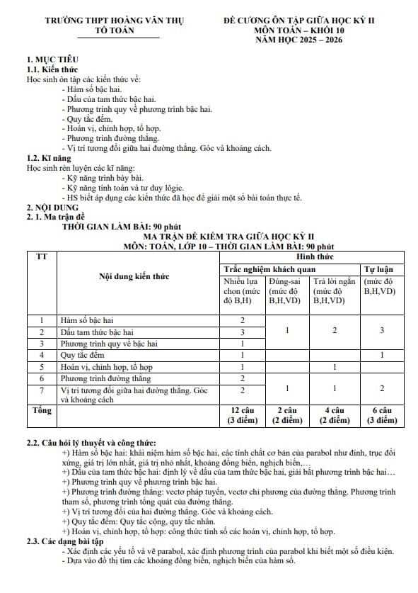 đề cương giữa kỳ 2 toán 10 năm 2025 – 2026 trường thpt hoàng văn thụ – hà nội
