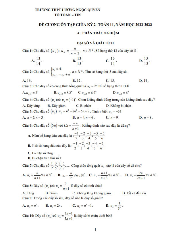 đề cương giữa kỳ 2 toán 11 năm 2022 – 2023 thpt lương ngọc quyến – thái nguyên
