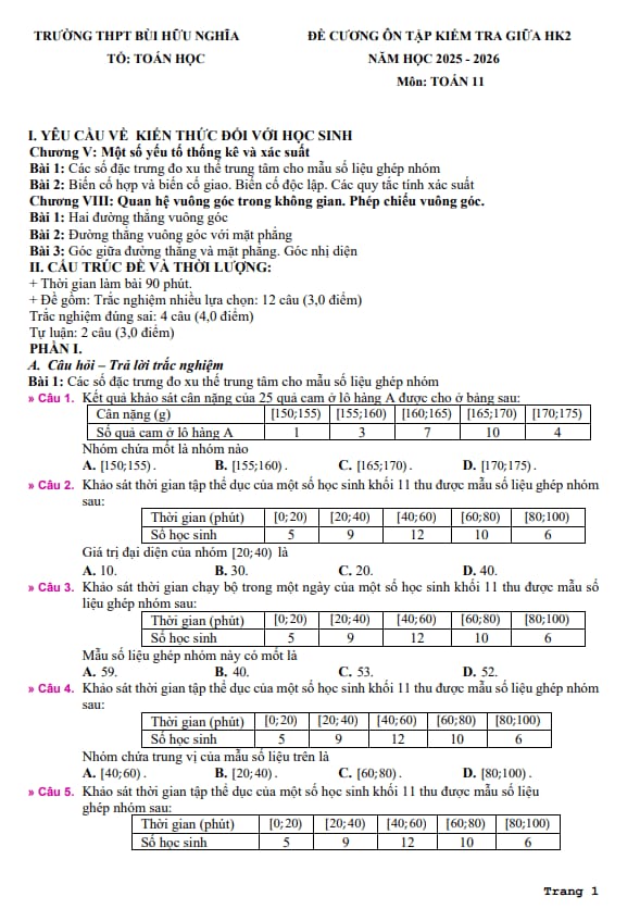 đề cương giữa kỳ 2 toán 11 năm 2025 – 2026 trường thpt bùi hữu nghĩa – cần thơ