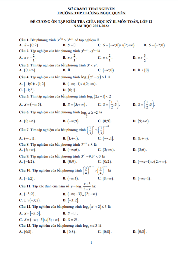 đề cương giữa kỳ 2 toán 12 năm 2021 – 2022 trường lương ngọc quyến – thái nguyên