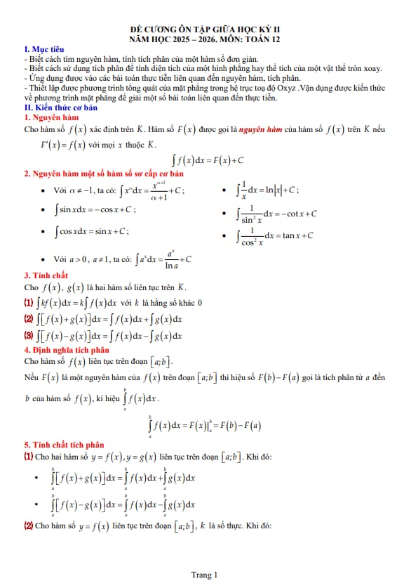 đề cương giữa kỳ 2 toán 12 năm 2025 – 2026 trường thpt đức trọng – lâm đồng