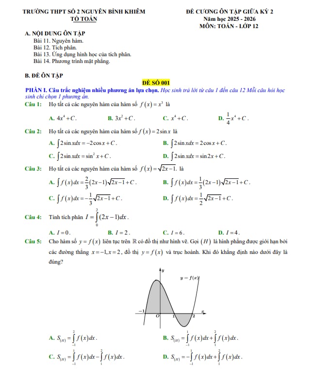 đề cương giữa kỳ 2 toán 12 năm 2025 – 2026 trường thpt nguyễn bỉnh khiêm 2 – gia lai