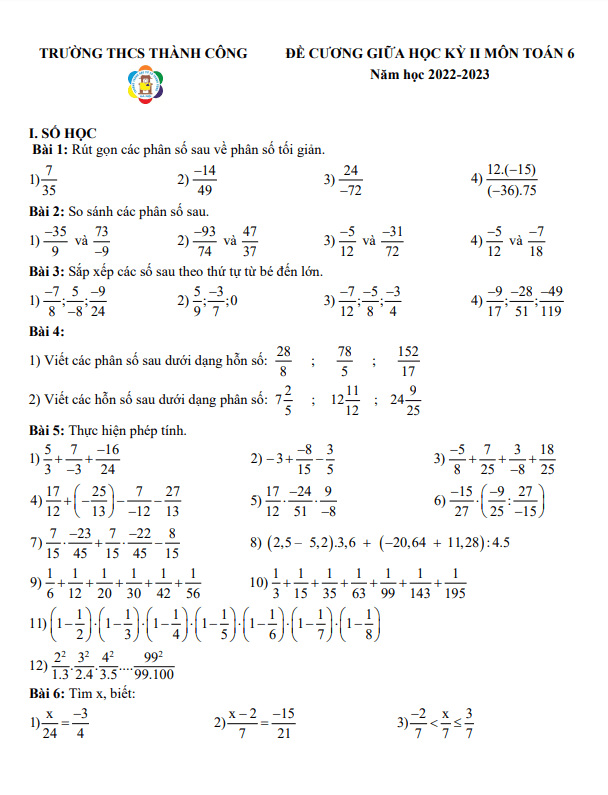 đề cương giữa kỳ 2 toán 6 năm 2022 – 2023 trường thcs thành công – hà nội