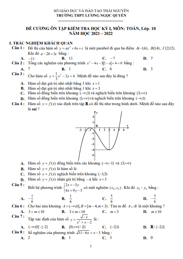 đề cương hk1 toán 10 năm 2021 – 2022 trường lương ngọc quyến – thái nguyên