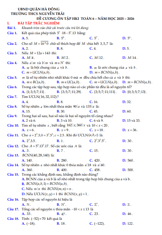 đề cương hk1 toán 6 năm 2025 – 2026 trường thcs nguyễn trãi – hà nội