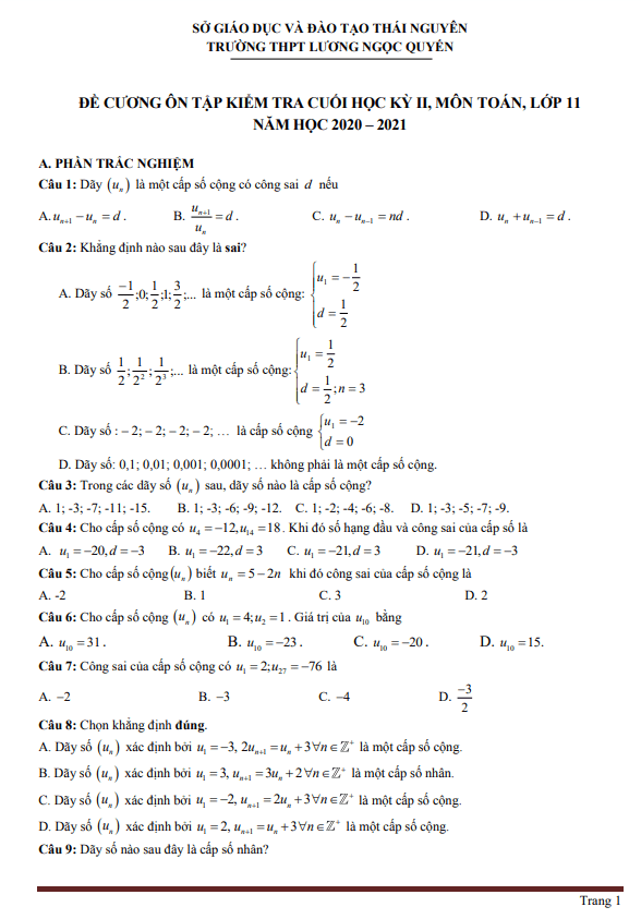 đề cương hk2 toán 11 năm 2020 – 2021 trường lương ngọc quyến – thái nguyên