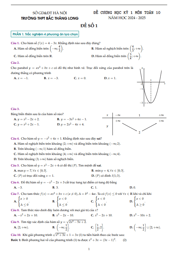 đề cương học kì 1 toán 10 năm 2024 – 2025 trường thpt bắc thăng long – hà nội