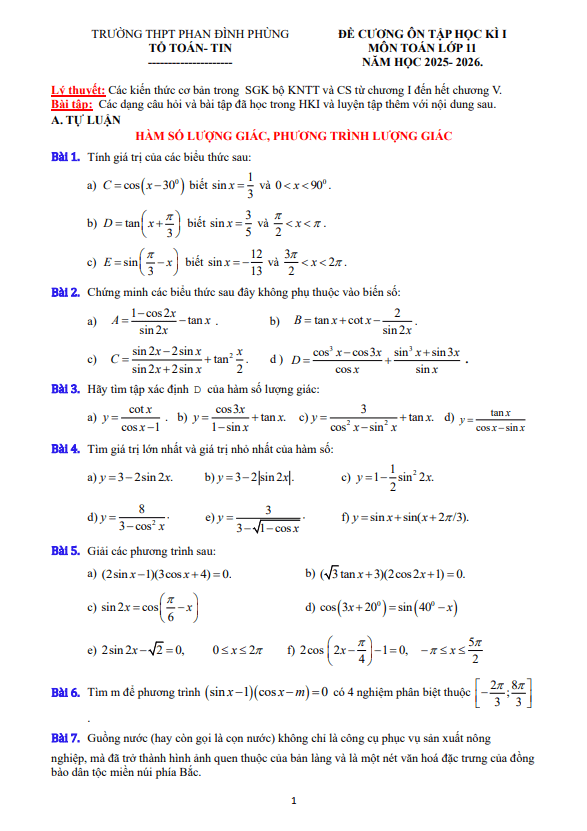 đề cương học kì 1 toán 11 năm 2025 – 2026 trường thpt phan đình phùng – hà nội