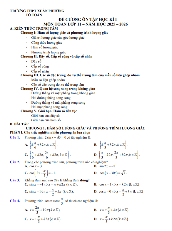 đề cương học kì 1 toán 11 năm 2025 – 2026 trường thpt xuân phương – hà nội