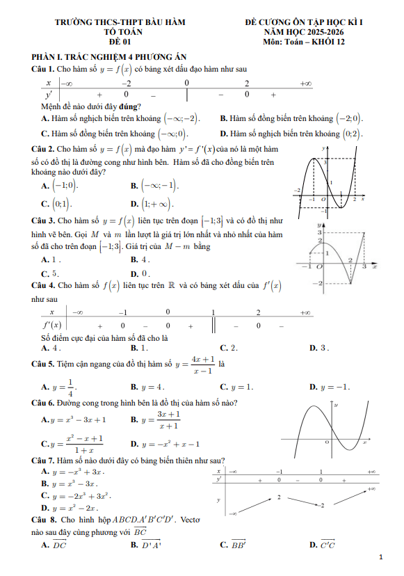 đề cương học kì 1 toán 12 năm 2025 – 2026 trường thcs-thpt bàu hàm – đồng nai