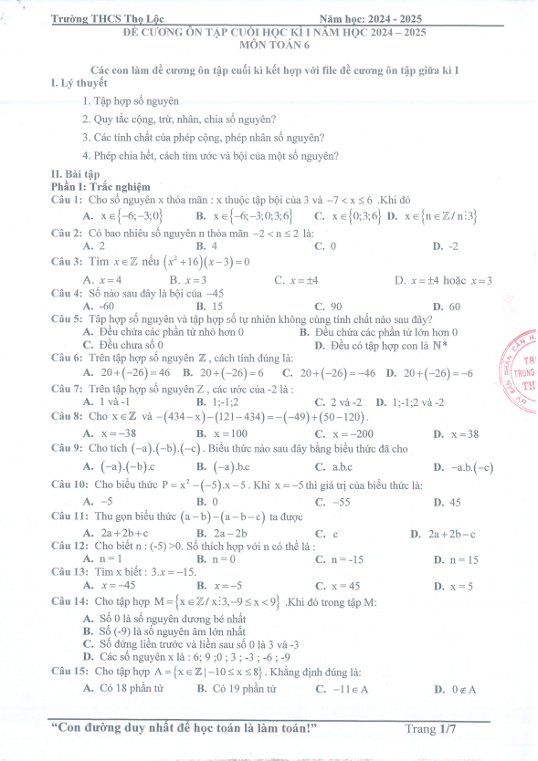 đề cương học kì 1 toán 6 năm 2024 – 2025 trường thcs thọ lộc – hà nội