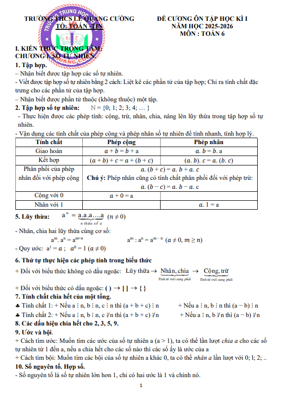 đề cương học kì 1 toán 6 năm 2025 – 2026 trường thcs lê quang cường – tp hcm