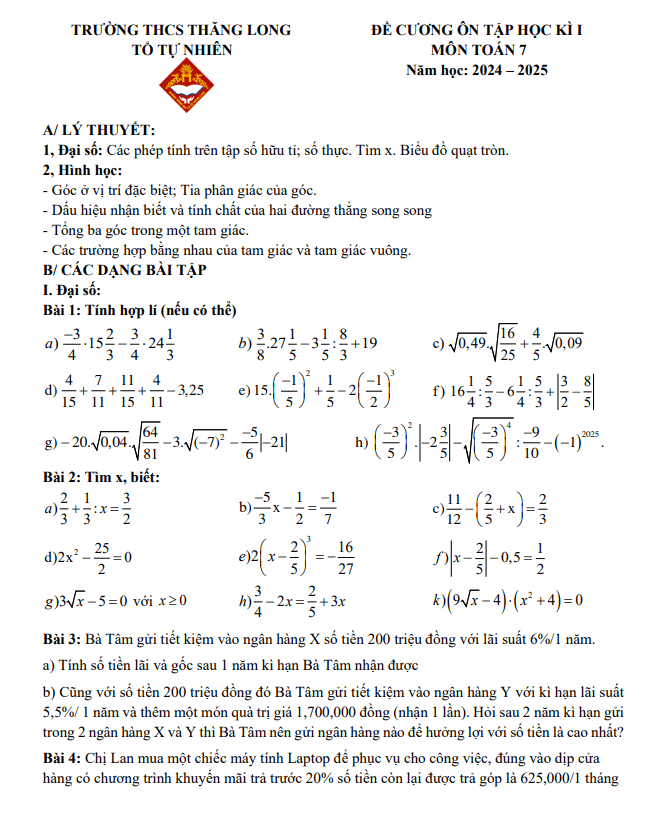 đề cương học kì 1 toán 7 năm 2024 – 2025 trường thcs thăng long – hà nội