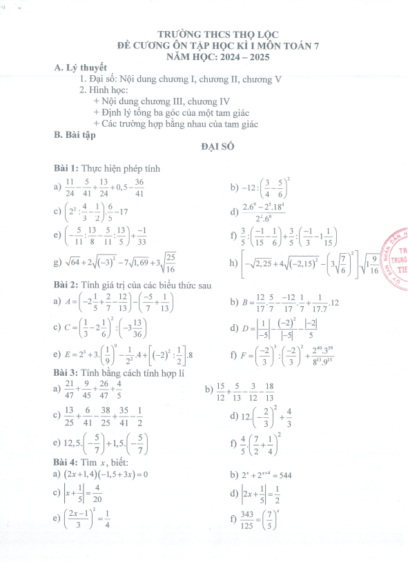 đề cương học kì 1 toán 7 năm 2024 – 2025 trường thcs thọ lộc – hà nội