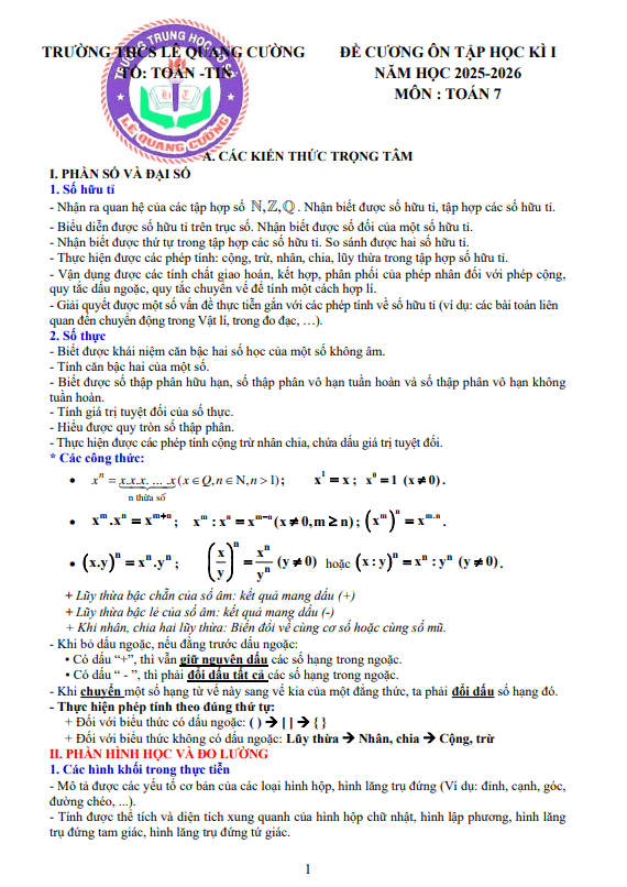 đề cương học kì 1 toán 7 năm 2025 – 2026 trường thcs lê quang cường – tp hcm
