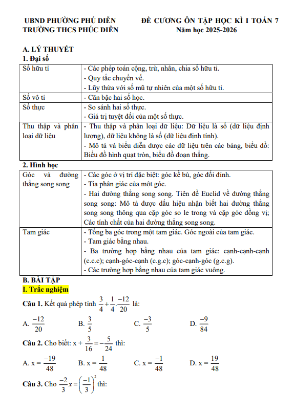 đề cương học kì 1 toán 7 năm 2025 – 2026 trường thcs phúc diễn – hà nội