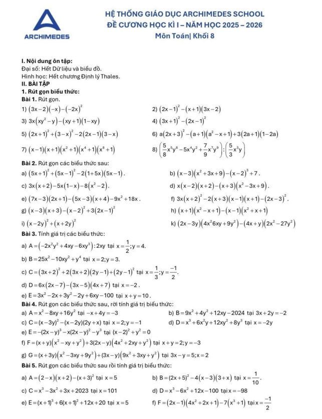 đề cương học kì 1 toán 8 năm 2025 – 2026 hệ thống gd archimedes school – hà nội