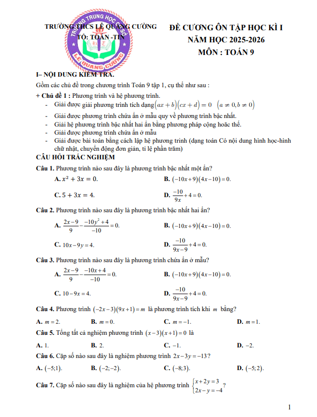đề cương học kì 1 toán 9 năm 2025 – 2026 trường thcs lê quang cường – tp hcm