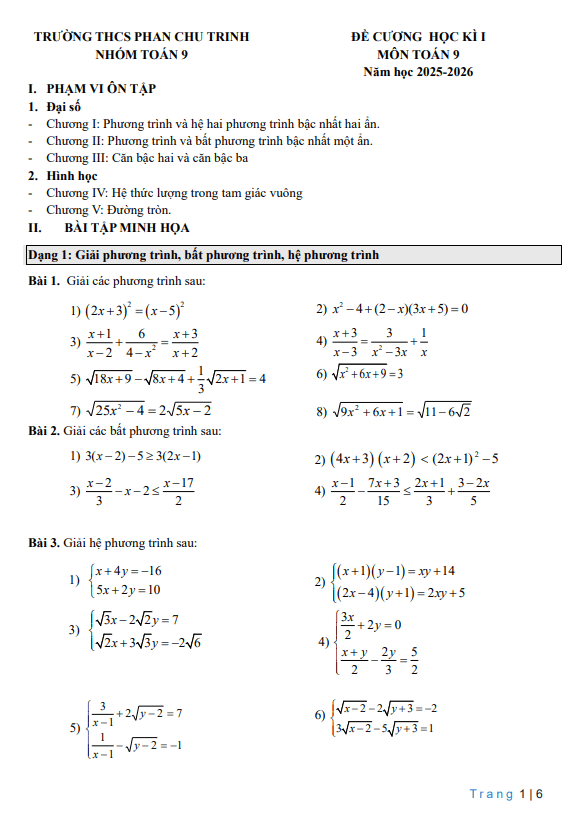 đề cương học kì 1 toán 9 năm 2025 – 2026 trường thcs phan chu trinh – hà nội