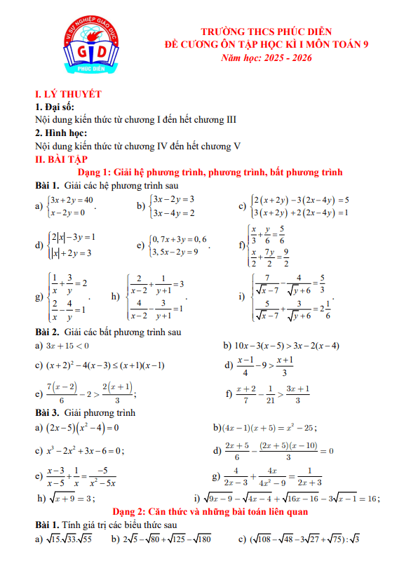 đề cương học kì 1 toán 9 năm 2025 – 2026 trường thcs phúc diễn – hà nội