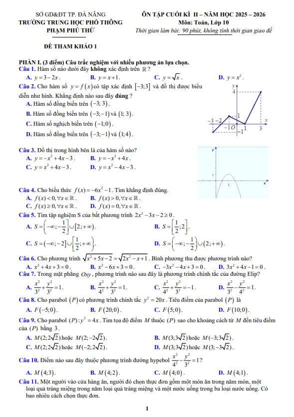 đề cương học kì 2 toán 10 năm 2025 – 2026 trường thpt phạm phú thứ – đà nẵng