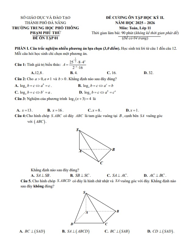 đề cương học kì 2 toán 11 năm 2025 – 2026 trường thpt phạm phú thứ – đà nẵng