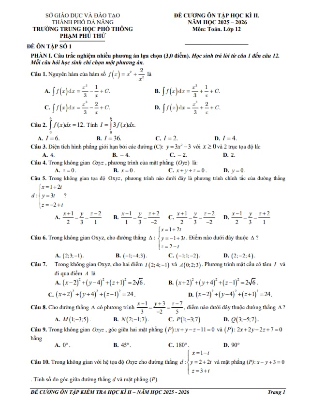 đề cương học kì 2 toán 12 năm 2025 – 2026 trường thpt phạm phú thứ – đà nẵng