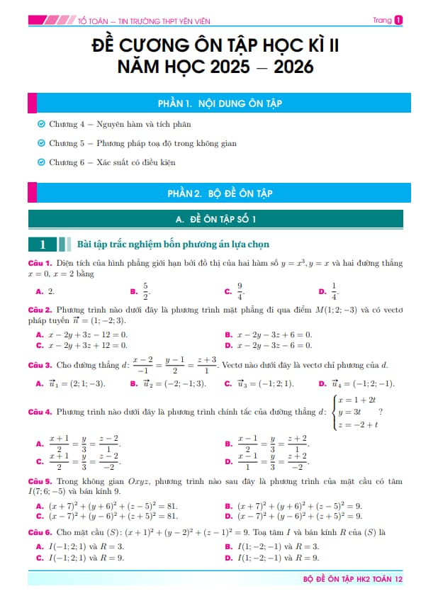 đề cương học kì 2 toán 12 năm 2025 – 2026 trường thpt yên viên – hà nội