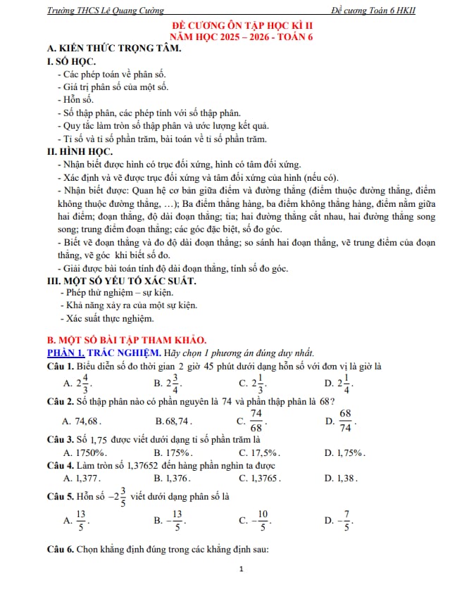 đề cương học kì 2 toán 6 năm 2025 – 2026 trường thcs lê quang cường – tp hcm