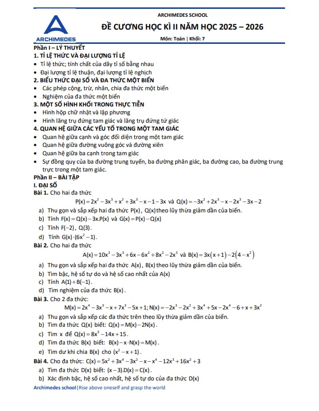 đề cương học kì 2 toán 7 năm 2025 – 2026 hệ thống gd archimedes school – hà nội