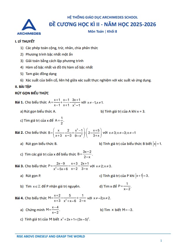 đề cương học kì 2 toán 8 năm 2025 – 2026 hệ thống gd archimedes school – hà nội