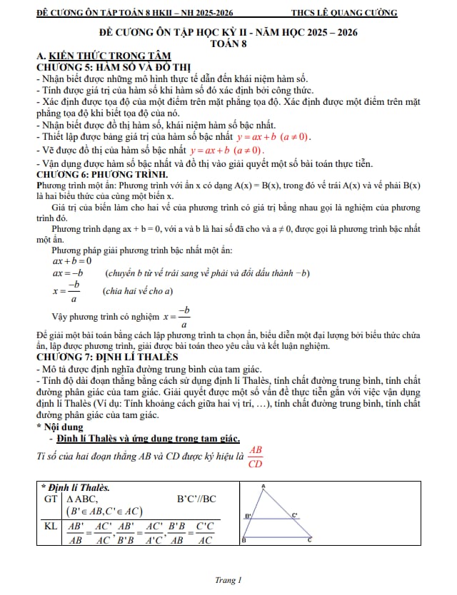 đề cương học kì 2 toán 8 năm 2025 – 2026 trường thcs lê quang cường – tp hcm