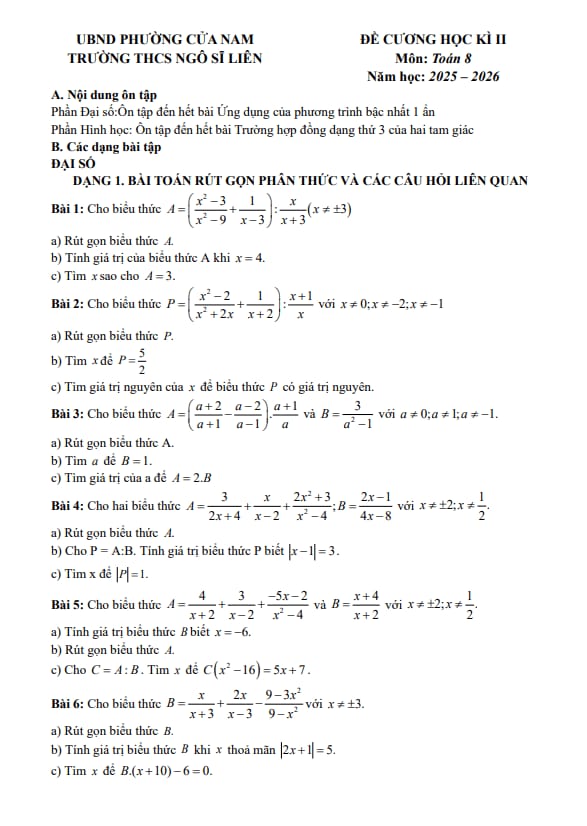đề cương học kì 2 toán 8 năm 2025 – 2026 trường thcs ngô sĩ liên – hà nội