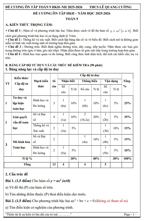 đề cương học kì 2 toán 9 năm 2025 – 2026 trường thcs lê quang cường – tp hcm