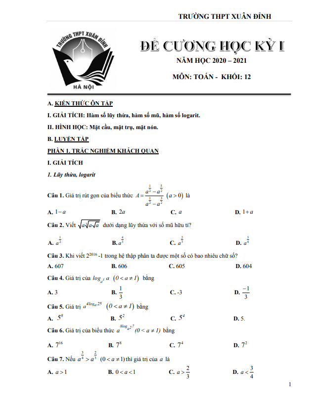 đề cương học kỳ 1 toán 12 năm 2020 – 2021 trường thpt xuân đỉnh – hà nội