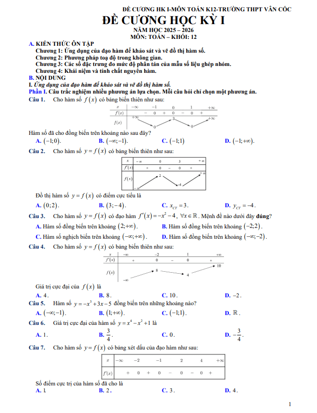 đề cương học kỳ 1 toán 12 năm 2025 – 2026 trường thpt vân cốc – hà nội