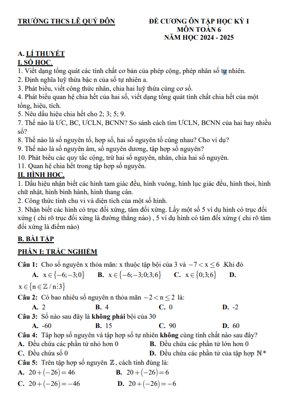 đề cương học kỳ 1 toán 6 năm 2024 – 2025 trường thcs lê quý đôn – hà nội