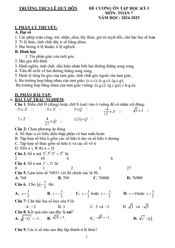 đề cương học kỳ 1 toán 7 năm 2024 – 2025 trường thcs lê quý đôn – hà nội