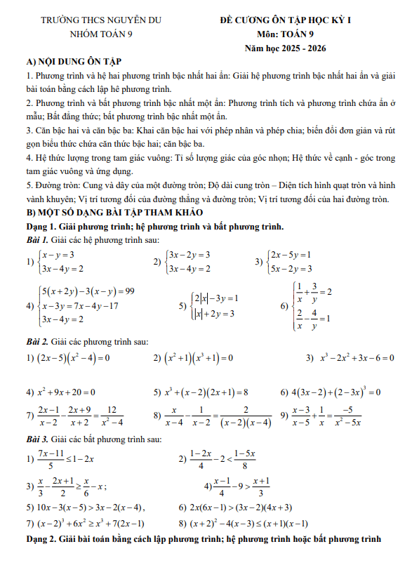 đề cương học kỳ 1 toán 9 năm 2025 – 2026 trường thcs nguyễn du – hà nội