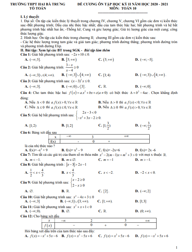 đề cương học kỳ 2 toán 10 năm 2020 – 2021 trường thpt hai bà trưng – tt huế