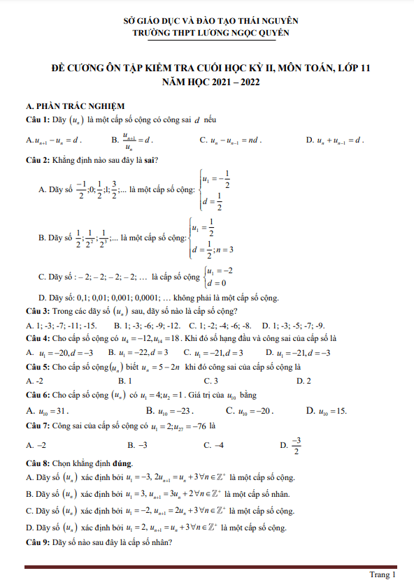 đề cương học kỳ 2 toán 11 năm 2021 – 2022 trường lương ngọc quyến – thái nguyên